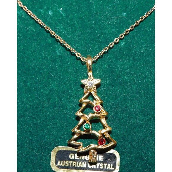 Genuine Austrian Crystal Gold Christmas Tree Necklace - Picture 4 of 6